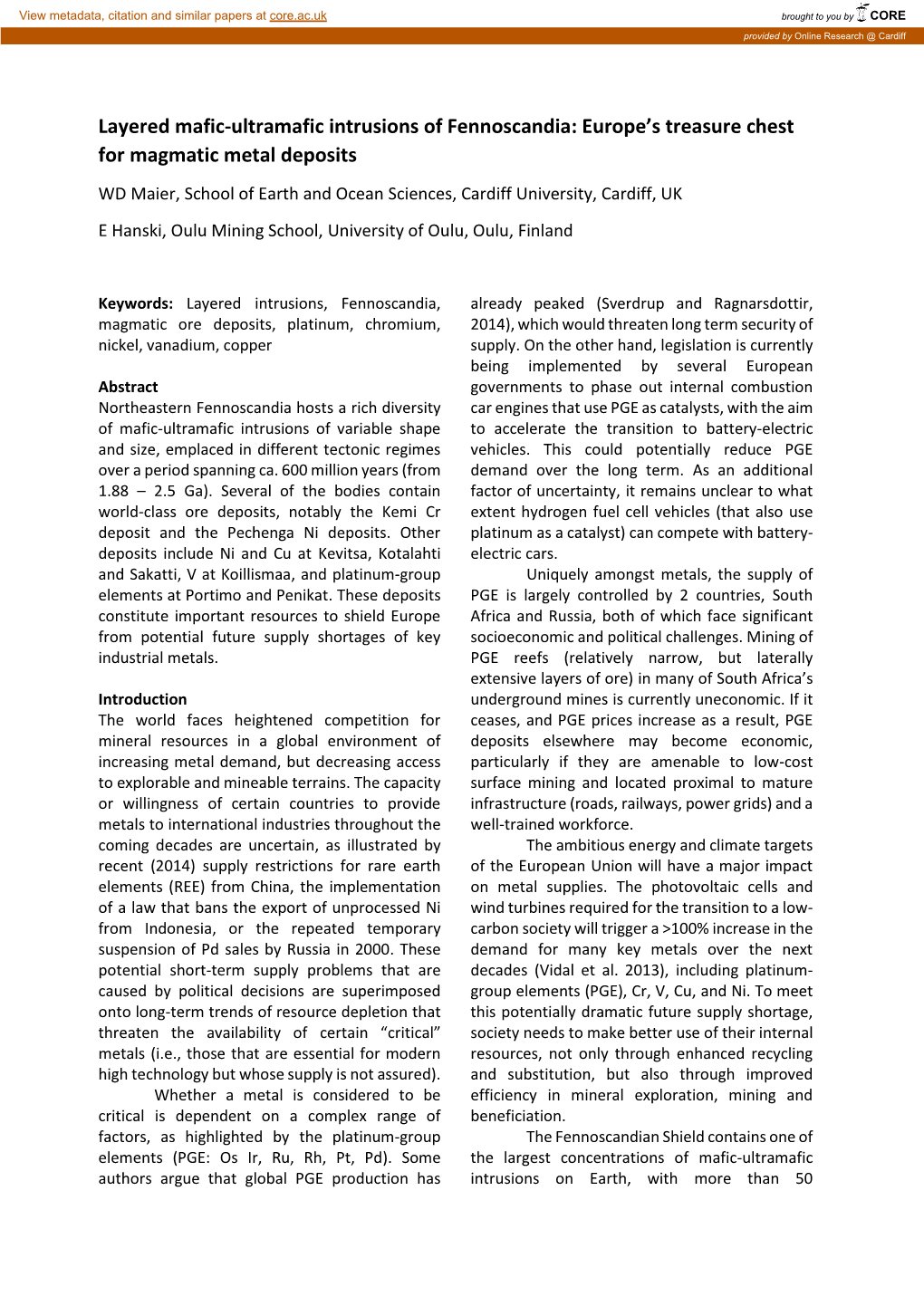 Layered Mafic-Ultramafic Intrusions of Fennoscandia: Europe's Treasure