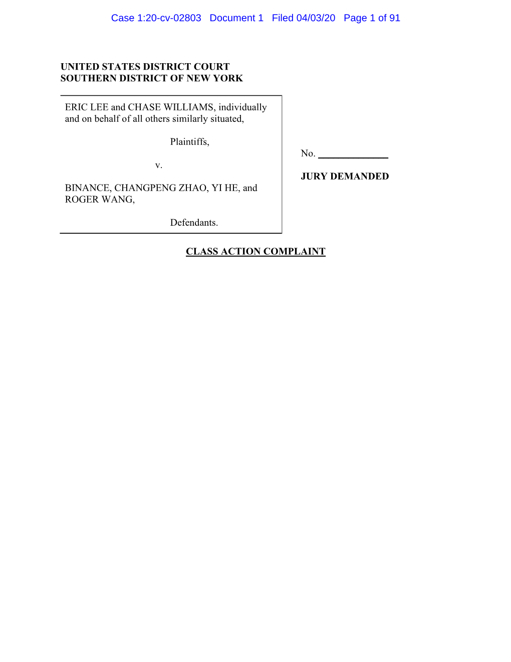 Eric Lee, Et Al. V. Binance, Et Al. 20-CV-02803-Class Action Complaint