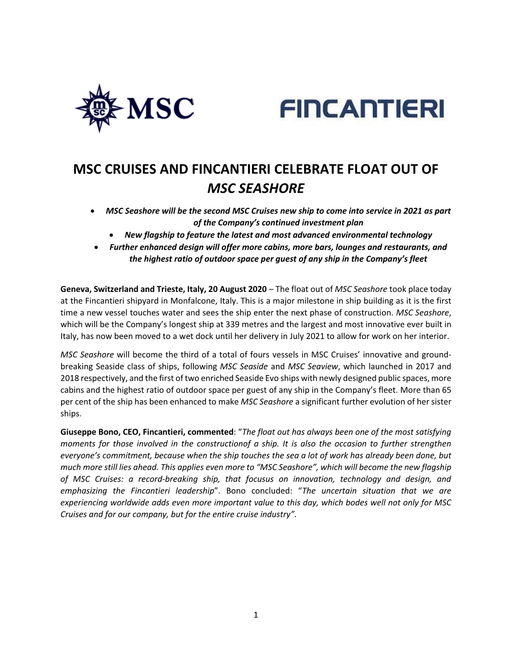 Msc Cruises and Fincantieri Celebrate Float out of Msc Seashore