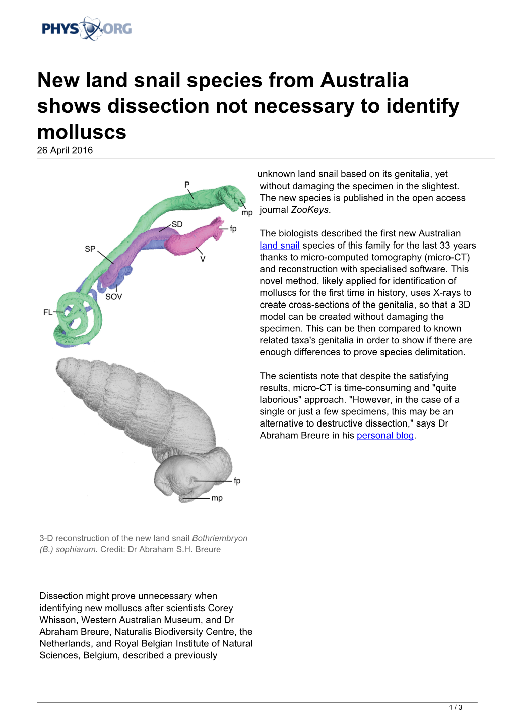 New Land Snail Species from Australia Shows Dissection Not Necessary to Identify Molluscs 26 April 2016