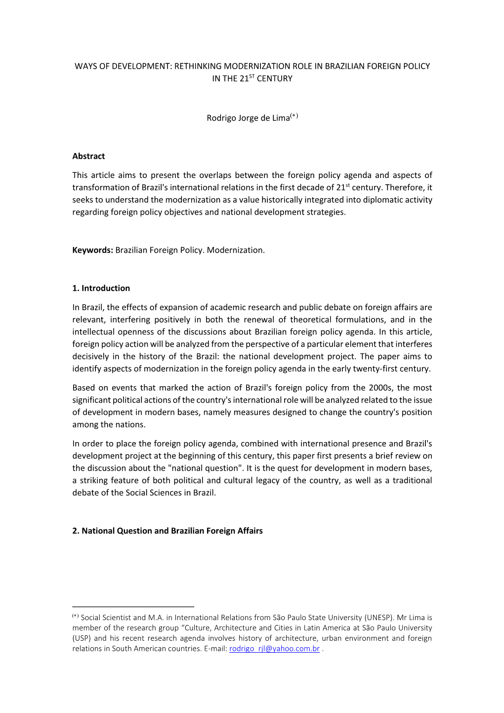 Ways of Development: Rethinking Modernization Role in Brazilian Foreign Policy in the 21St Century