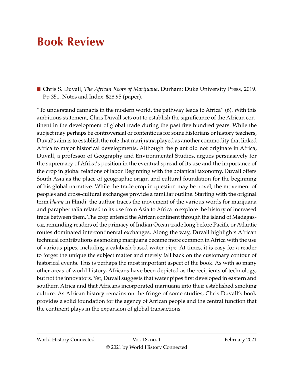 Chris S. Duvall, the African Roots of Marijuana. Durham: Duke University Press, 2019