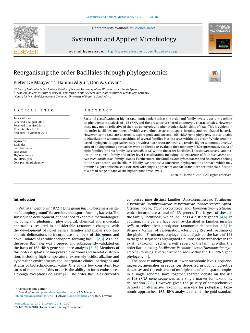 Reorganising the Order Bacillales Through Phylogenomics