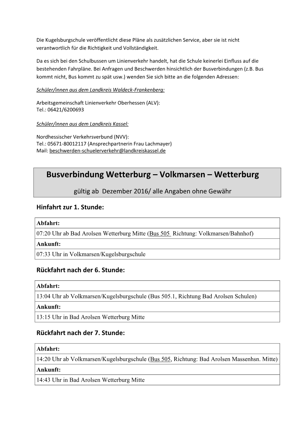 Busverbindung Wetterburg – Volkmarsen – Wetterburg