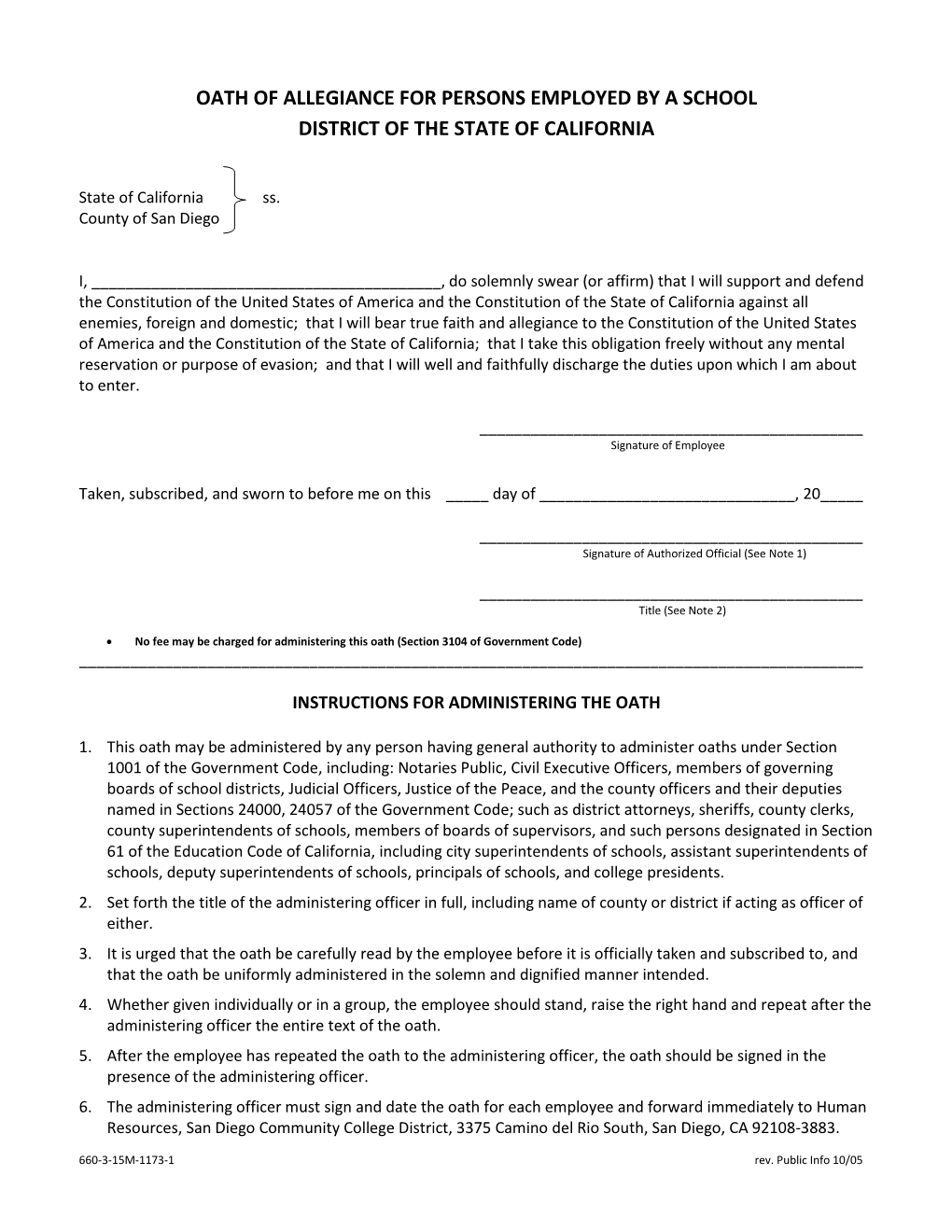 Oath of Allegiance for Persons Employed by a School District of the State of California