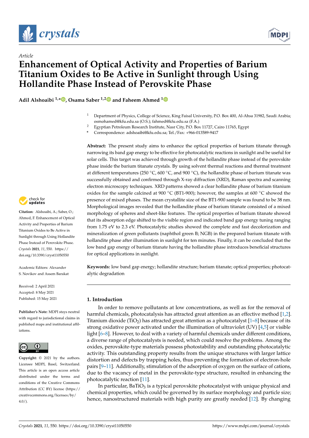 Enhancement of Optical Activity and Properties of Barium Titanium Oxides to Be Active in Sunlight Through Using Hollandite Phase Instead of Perovskite Phase