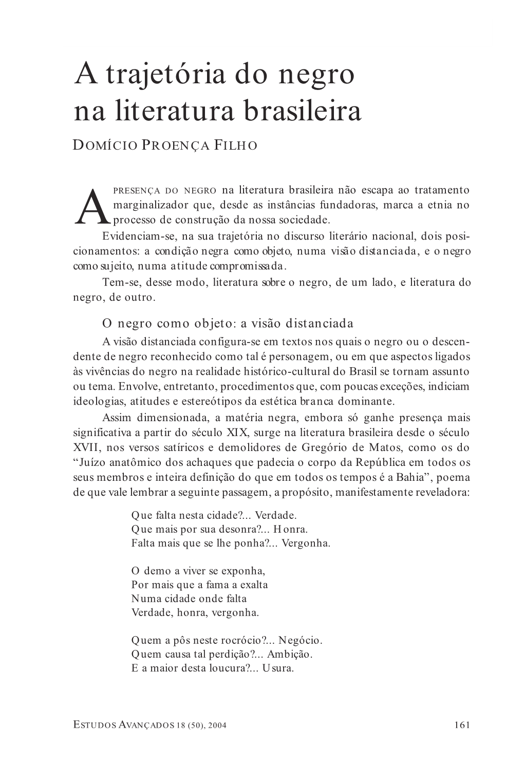 A Trajetória Do Negro Na Literatura Brasileira DOMÍCIO PROENÇA FILHO