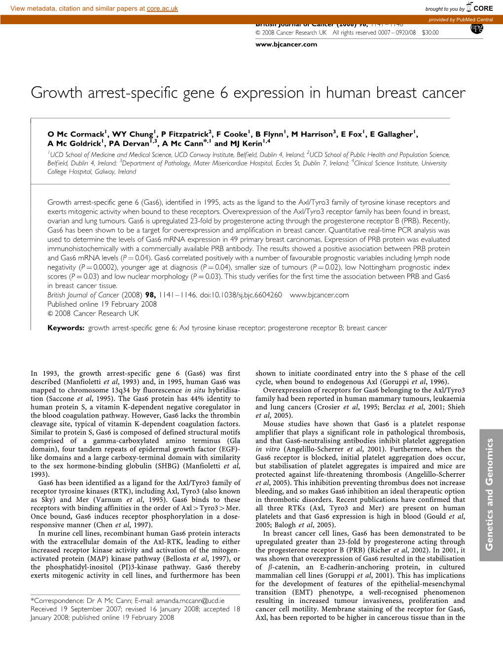 Growth Arrest-Specific Gene 6 Expression in Human Breast Cancer