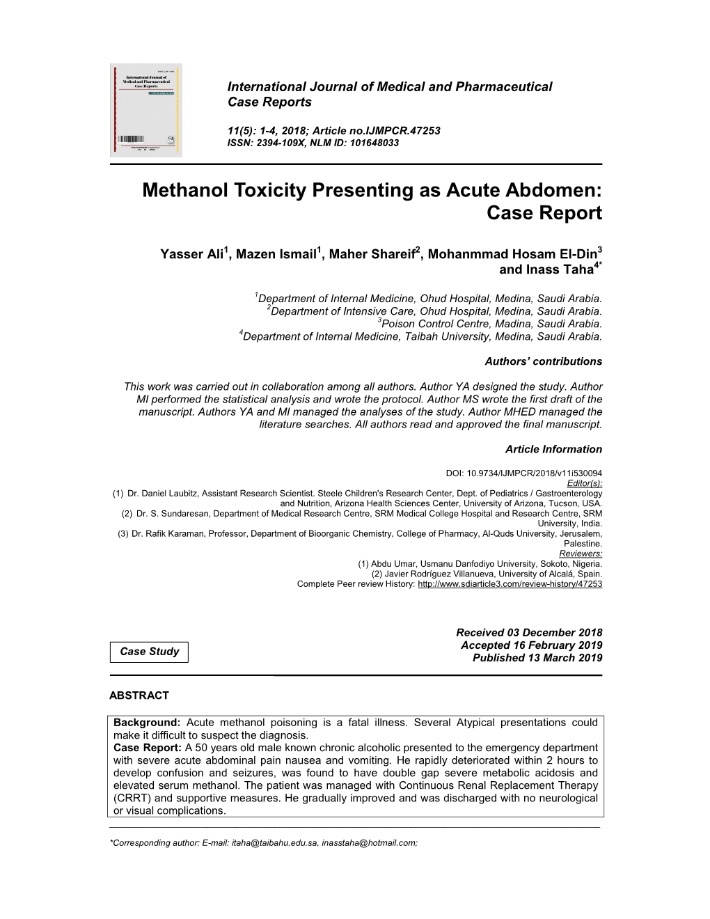 Methanol Toxicity Presenting As Acute Abdomen: Case Report