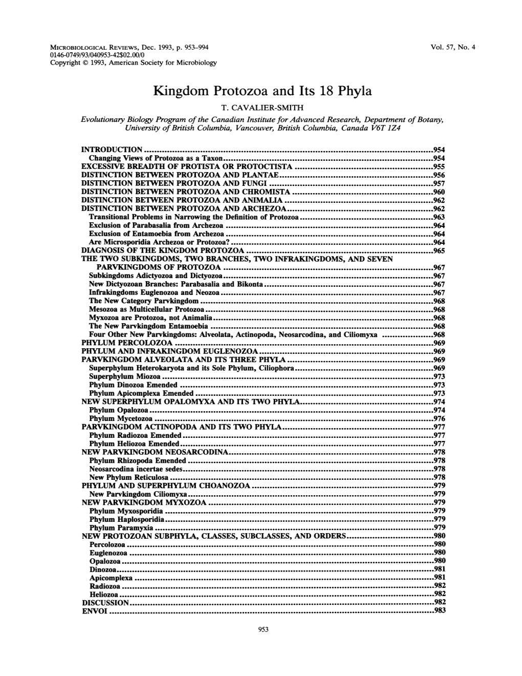 Kingdom Protozoa and Its 18Phyla