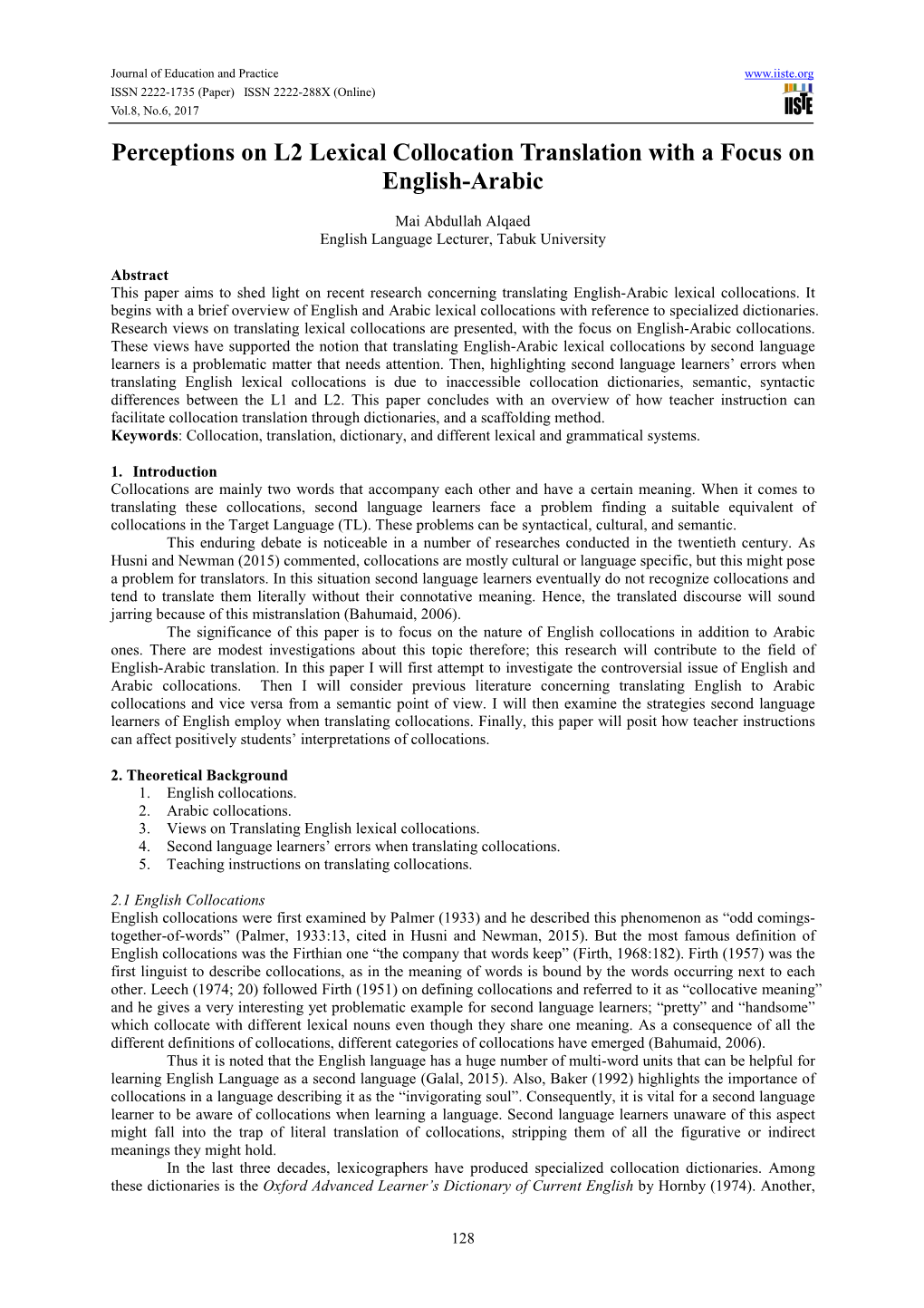 Perceptions on L2 Lexical Collocation Translation with a Focus on English-Arabic