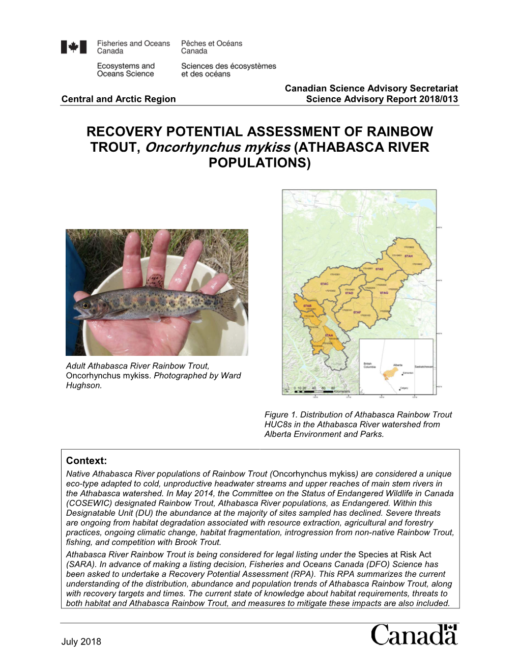 RECOVERY POTENTIAL ASSESSMENT of RAINBOW TROUT, Oncorhynchus Mykiss (ATHABASCA RIVER POPULATIONS)