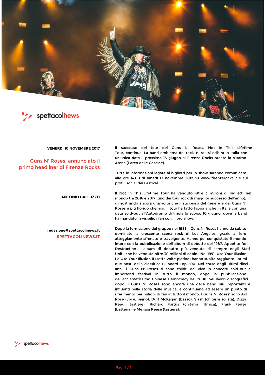 Guns N' Roses: Annunciato Il Primo Headliner Di Firenze Rocks