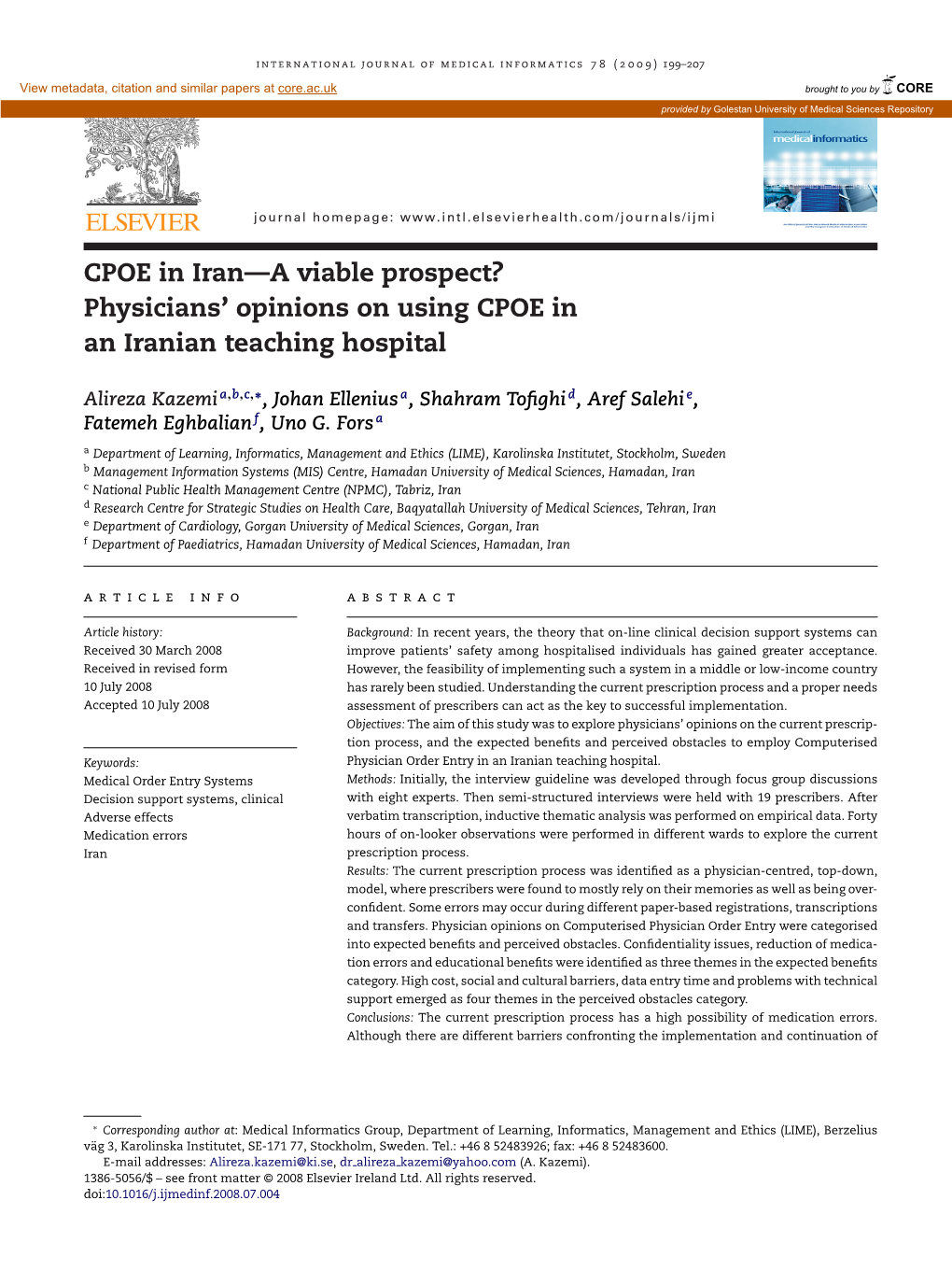 Physicians' Opinions on Using CPOE in an Iranian Teaching Hospital