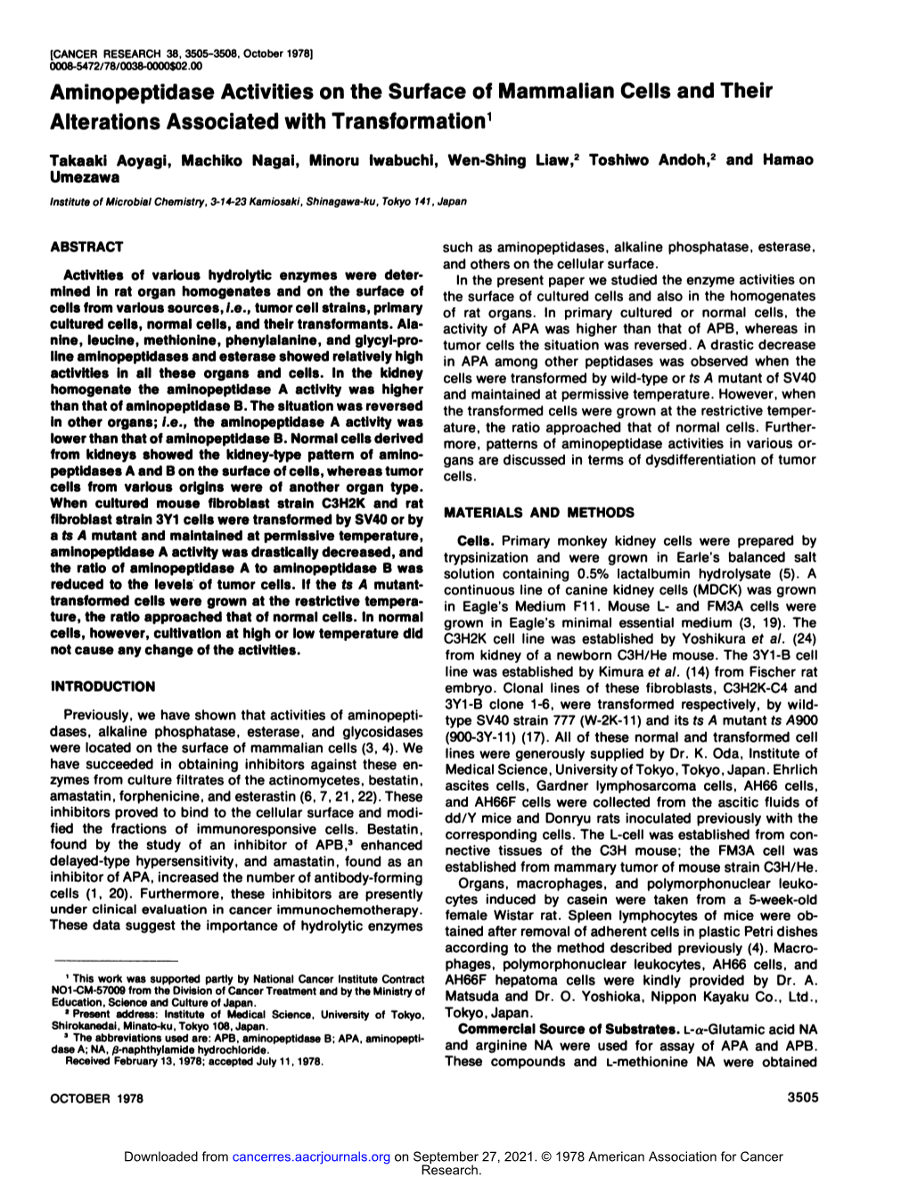 Aminopeptidase Activities on the Surface of Mammalian Cells and Their Alterations Associated with Transformation1