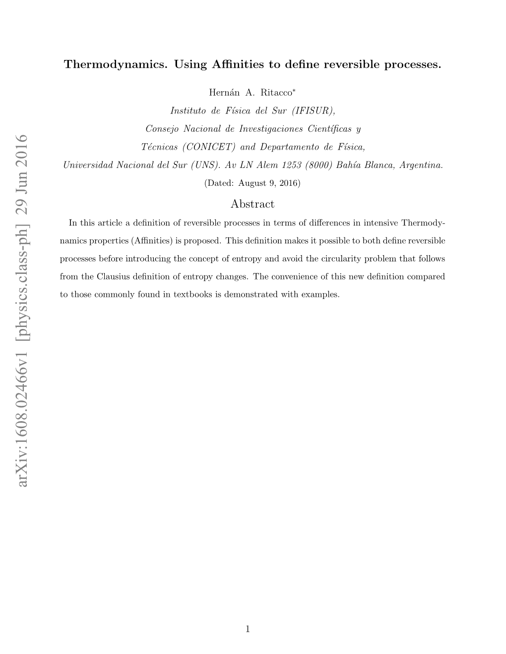 Thermodynamics. Using Affinities to Define Reversible Processes