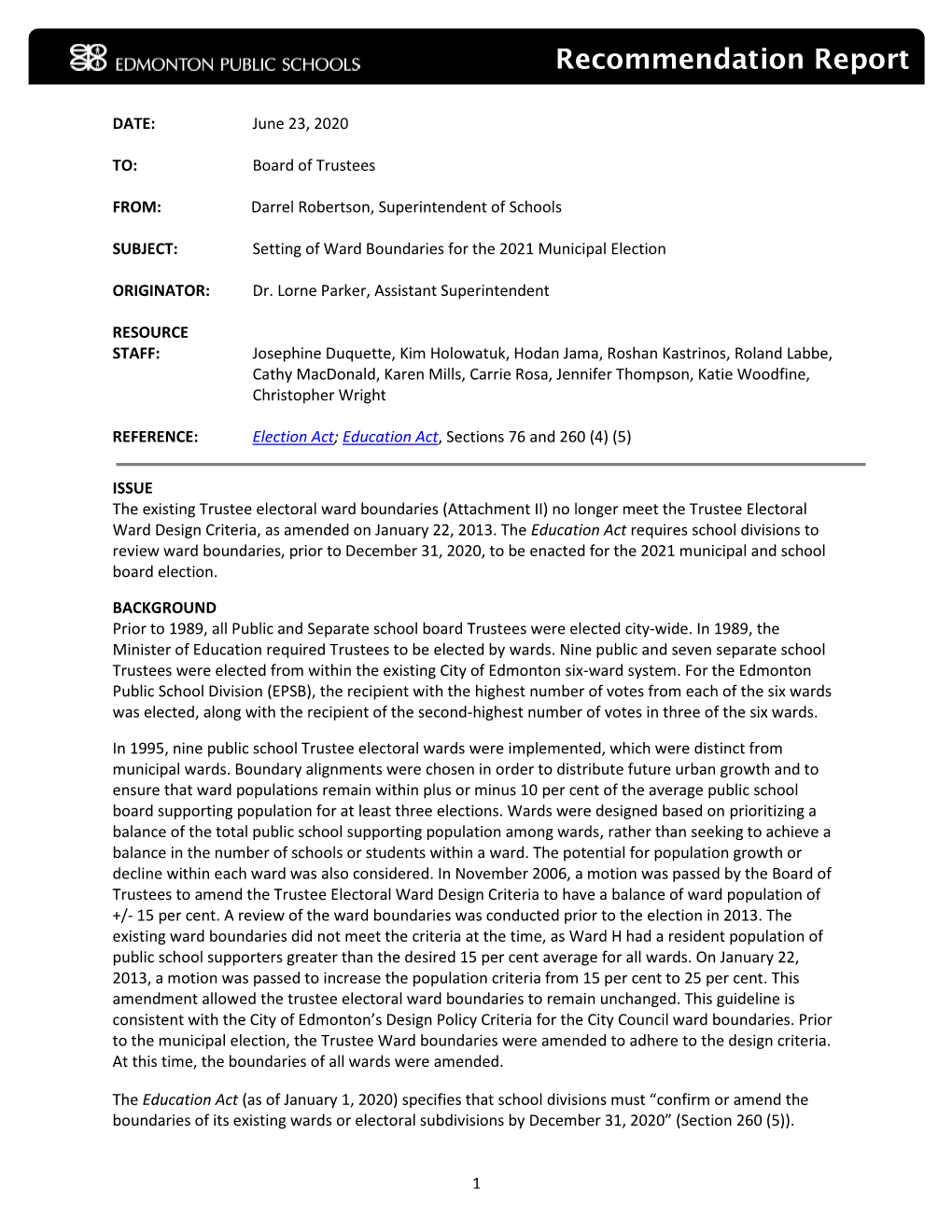 Setting of Ward Boundaries for the 2021 Municipal Election