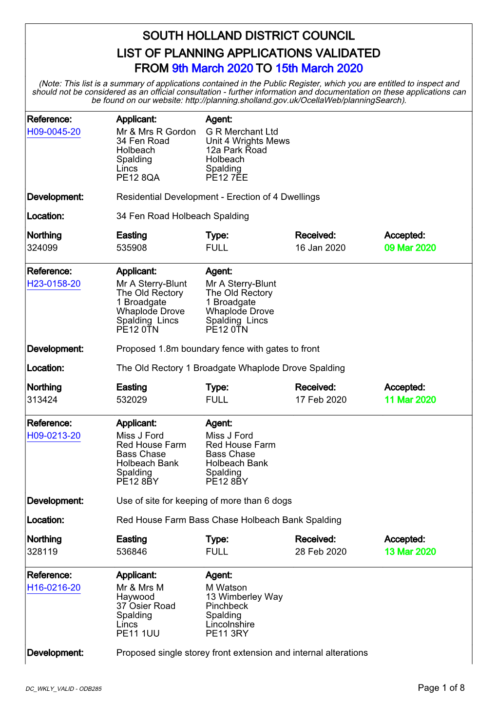 South Holland District Council List of Planning