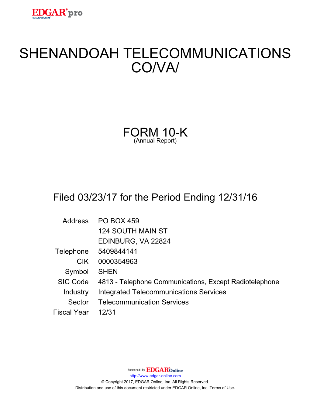 Shenandoah Telecommunications Co/Va