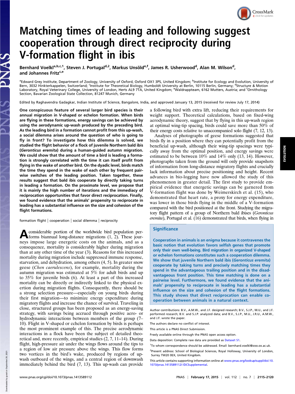 Matching Times of Leading and Following Suggest Cooperation Through Direct Reciprocity During V-Formation Flight in Ibis