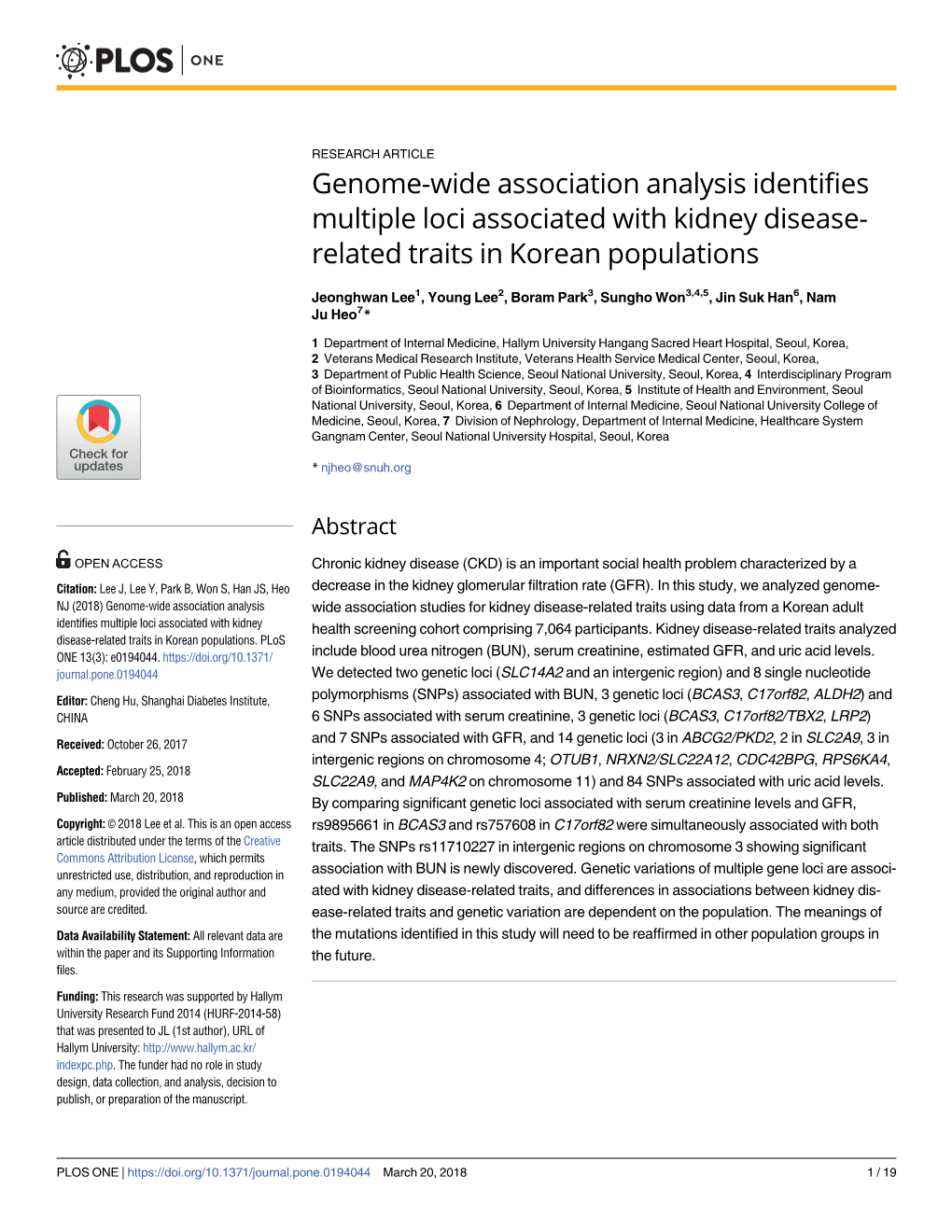 Genome-Wide Association Analysis Identifies Multiple Loci Associated with Kidney Disease- Related Traits in Korean Populations