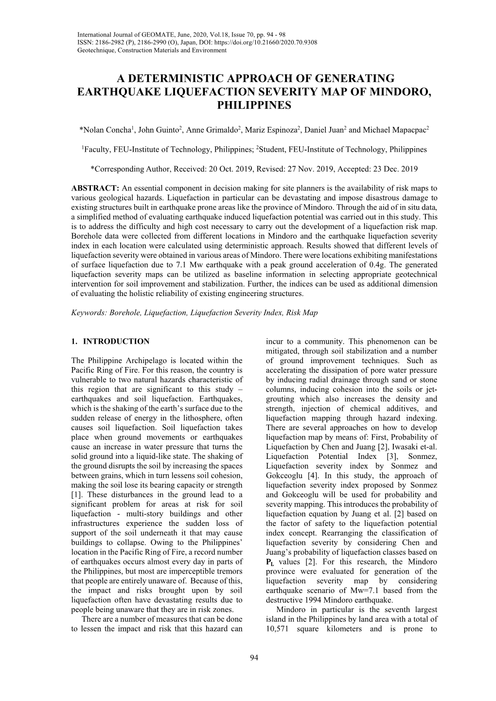 A Deterministic Approach of Generating Earthquake Liquefaction Severity Map of Mindoro, Philippines