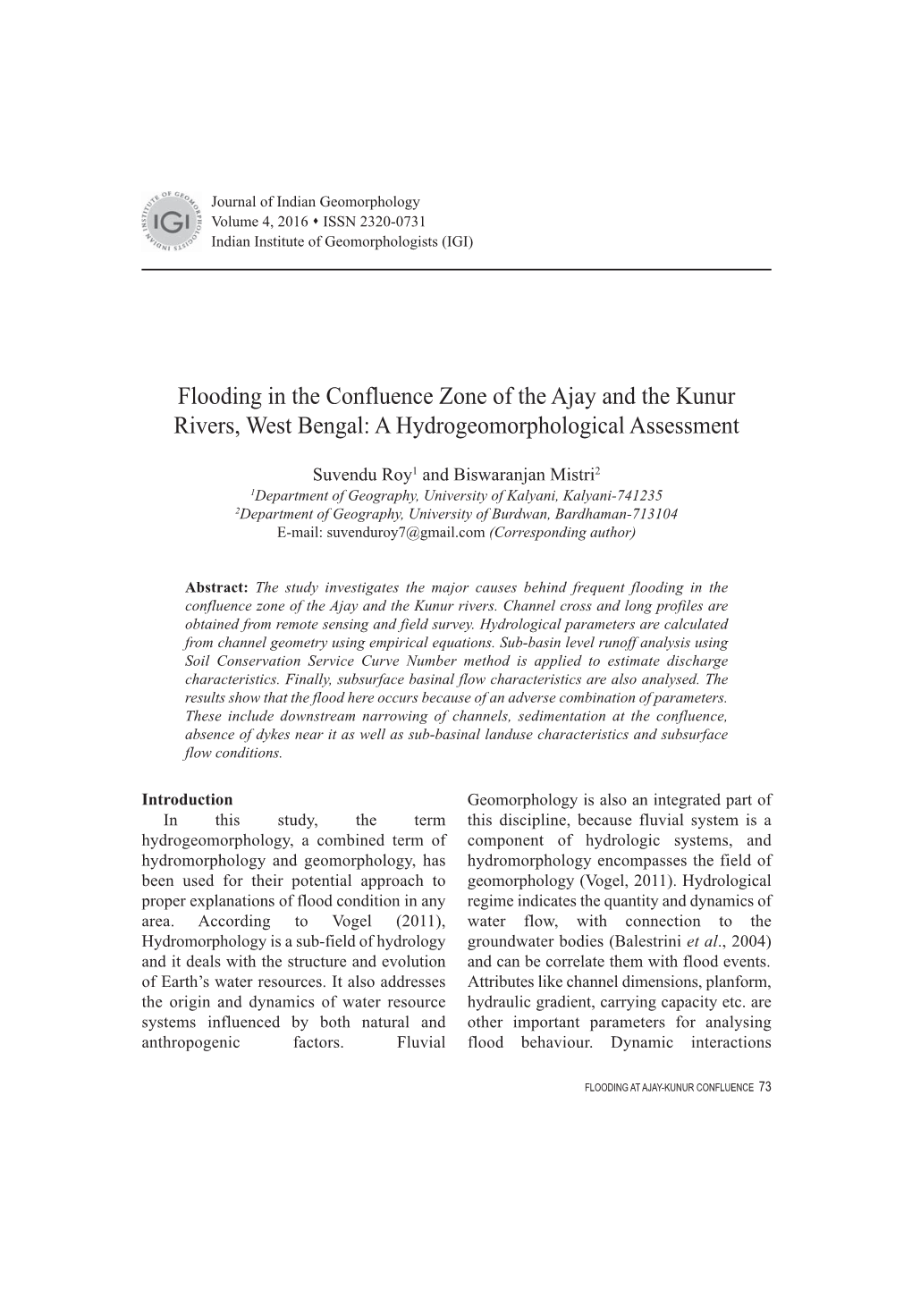 Flooding in the Confluence Zone of the Ajay and the Kunur Rivers, West Bengal: a Hydrogeomorphological Assessment