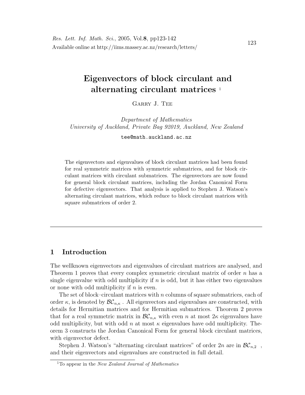 Eigenvectors of Block Circulant and Alternating Circulant Matrices 1