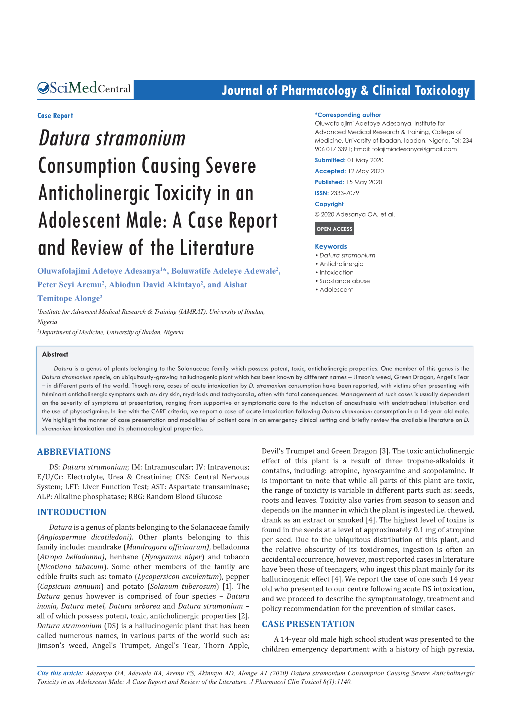 Datura Stramonium Consumption Causing Severe Anticholinergic Toxicity in an Adolescent Male: a Case Report and Review of the Literature