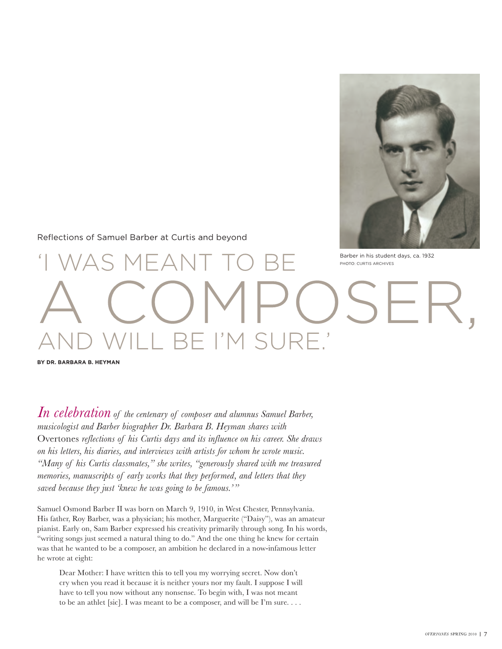 Reflections of Samuel Barber at Curtis and Beyond