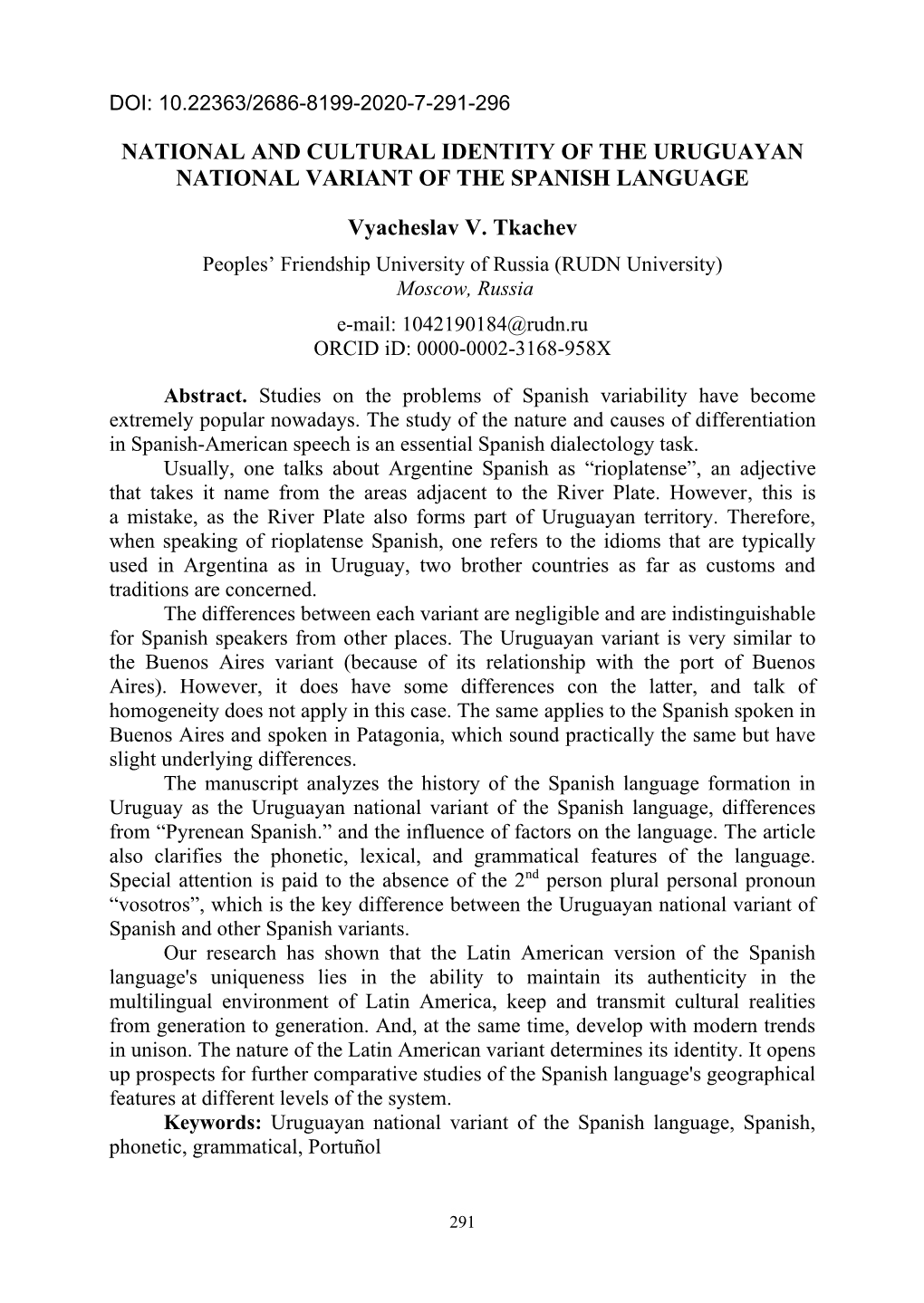 National and Cultural Identity of the Uruguayan National Variant of the Spanish Language