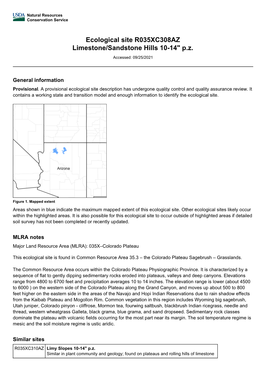 Ecological Site R035XC308AZ Limestone/Sandstone Hills 10-14" P.Z