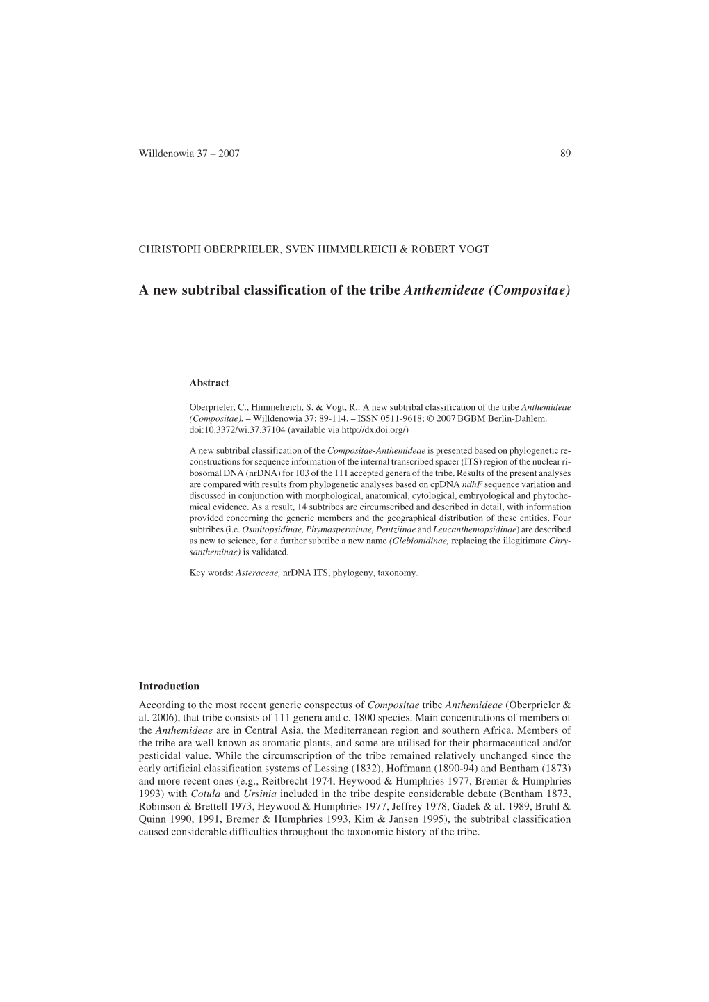 A New Subtribal Classification of the Tribe Anthemideae (Compositae)