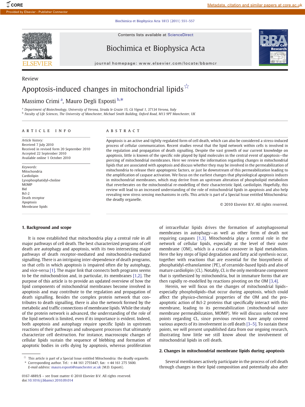 Apoptosis-Induced Changes in Mitochondrial Lipids☆