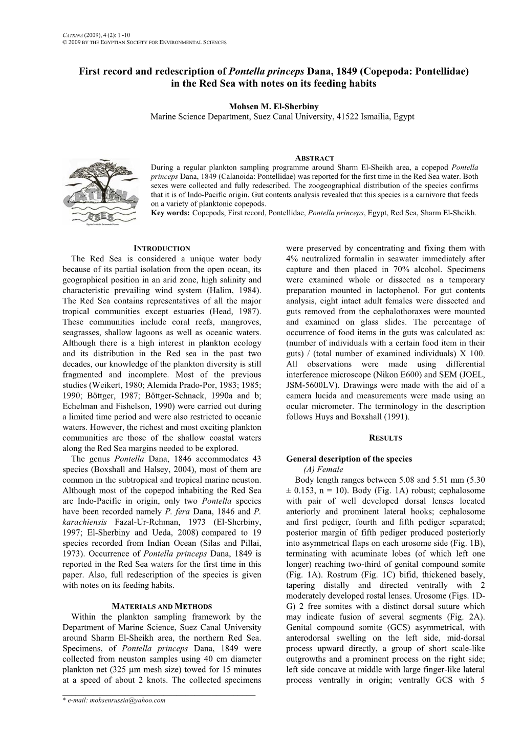 Copepoda: Pontellidae) in the Red Sea with Notes on Its Feeding Habits