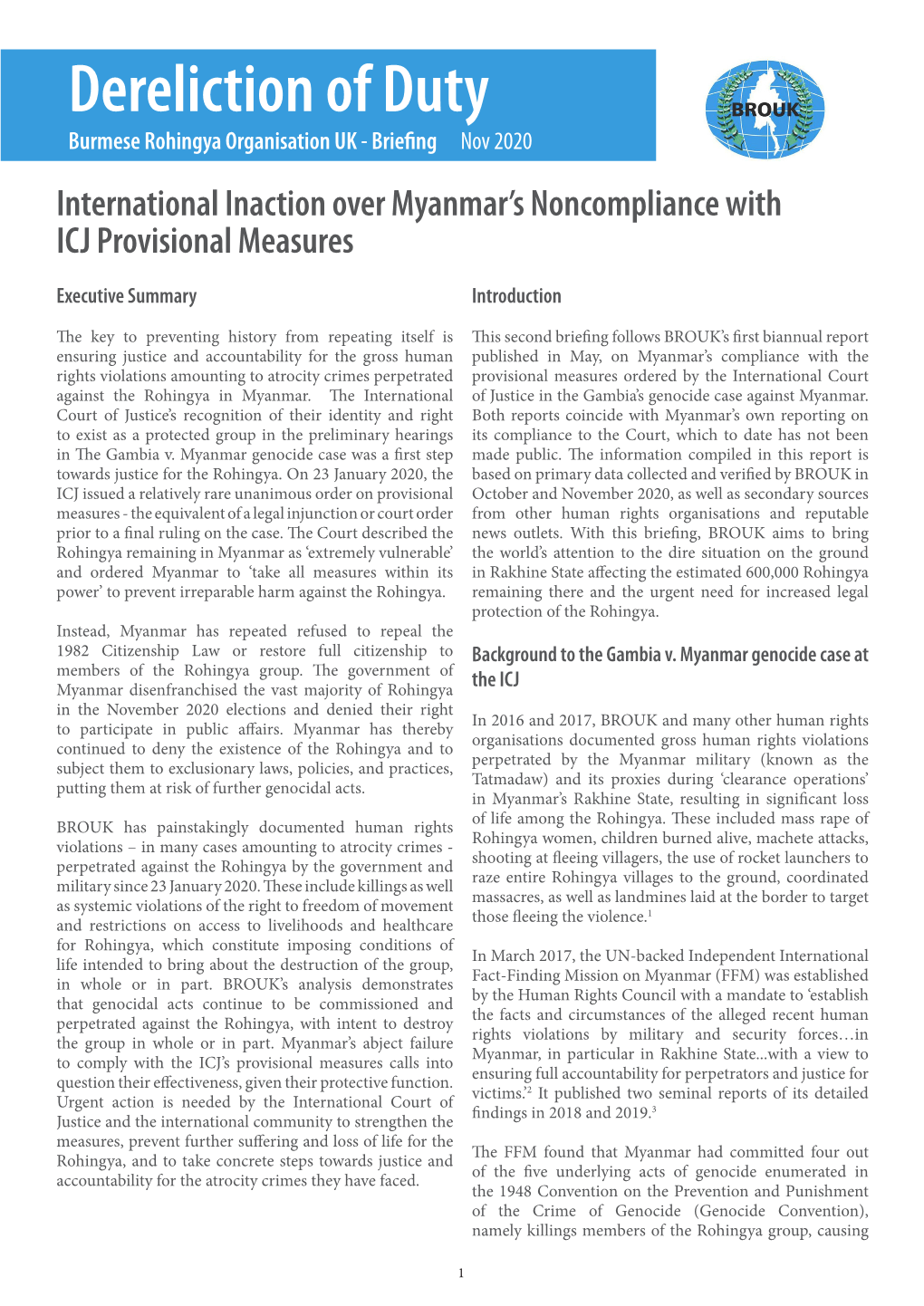 Dereliction of Duty Burmese Rohingya Organisation UK - Briefing Nov 2020 International Inaction Over Myanmar’S Noncompliance with ICJ Provisional Measures