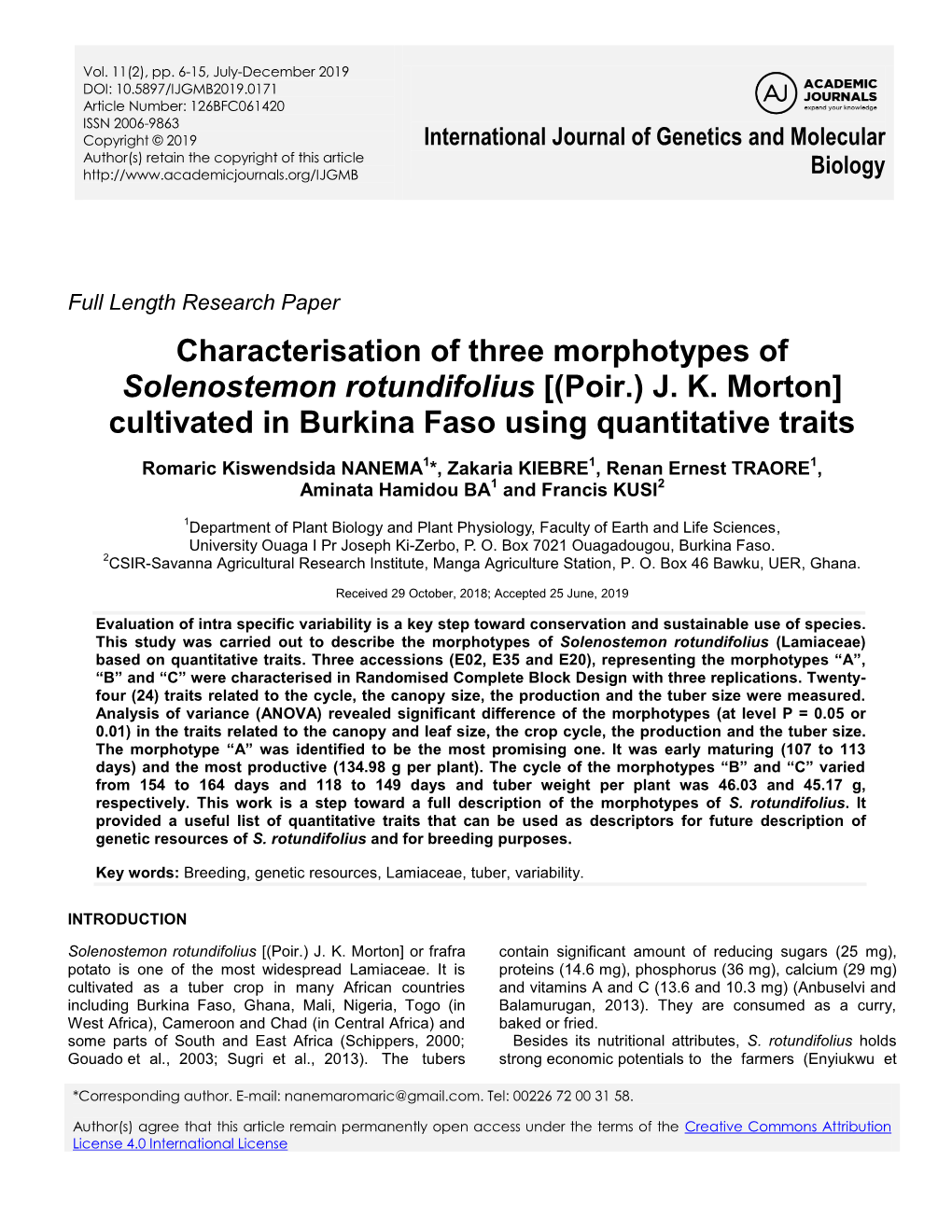 Characterisation of Three Morphotypes of Solenostemon Rotundifolius [(Poir.) JK Morton]