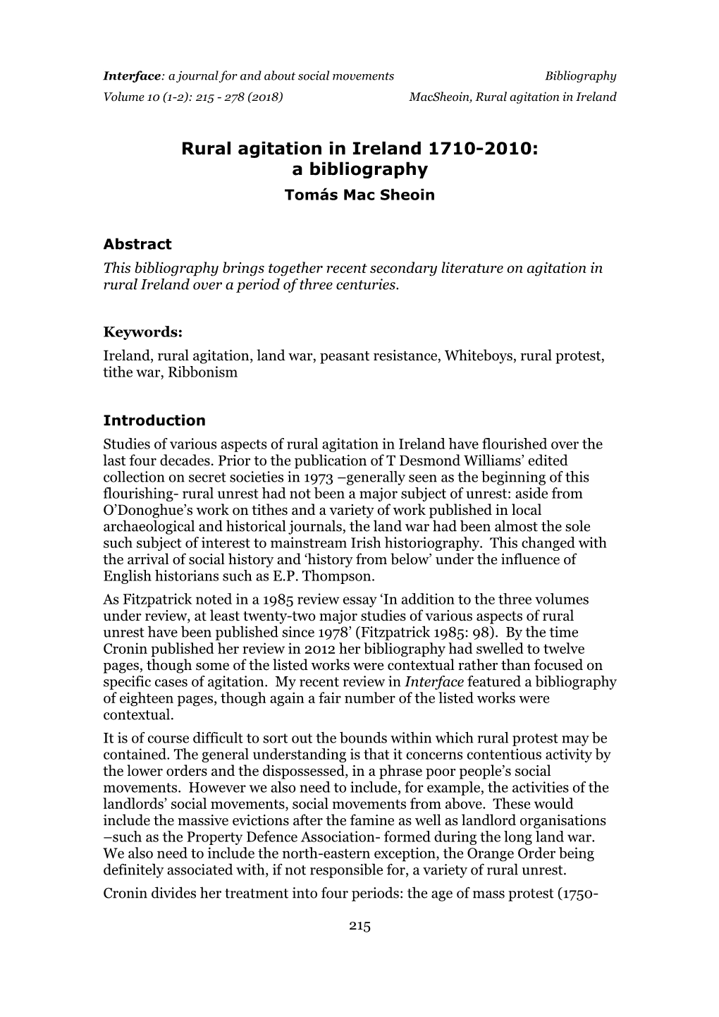 Rural Agitation in Ireland 1710-2010: a Bibliography Tomás Mac Sheoin