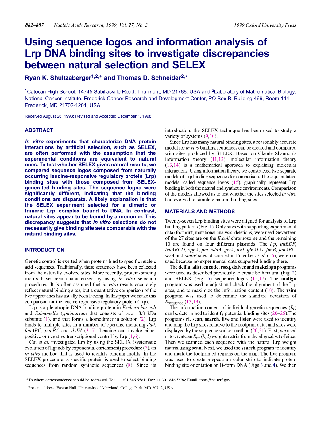 Using Sequence Logos and Information Analysis of Lrp DNA Binding Sites to Investigate Discrepancies Between Natural Selection and SELEX Ryan K