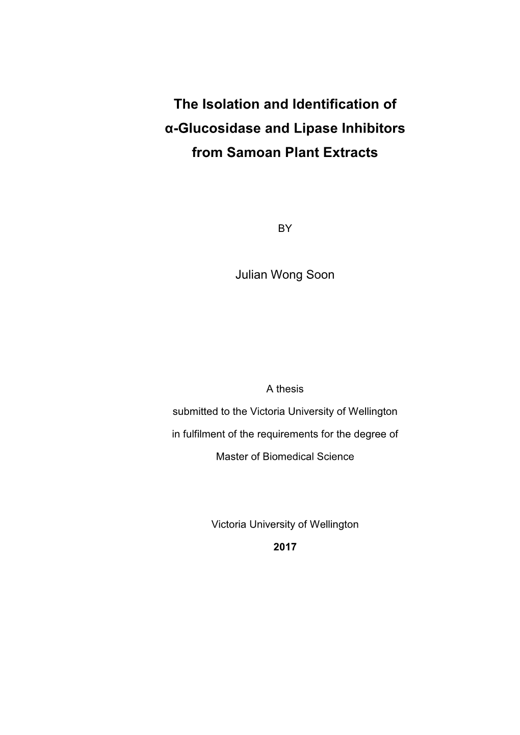 The Isolation and Identification of Α-Glucosidase and Lipase Inhibitors from Samoan Plant Extracts