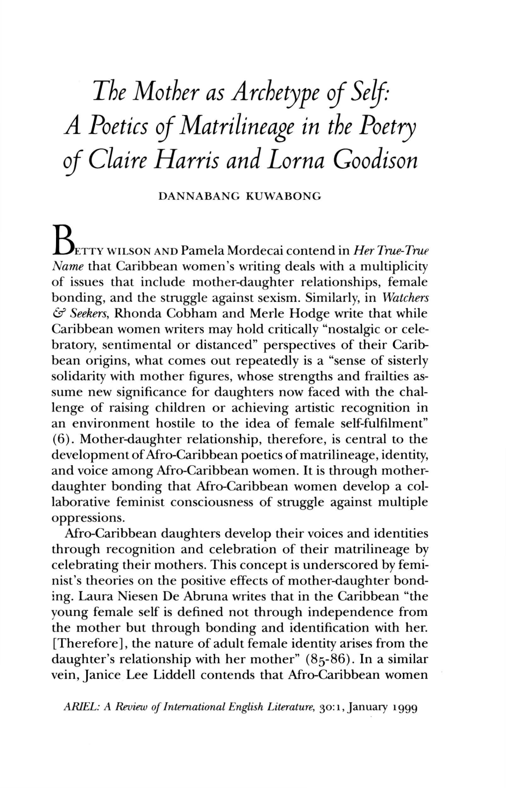 A Poetics of Matrilineage in the Poetry of Claire Harris and Lorna Goodison