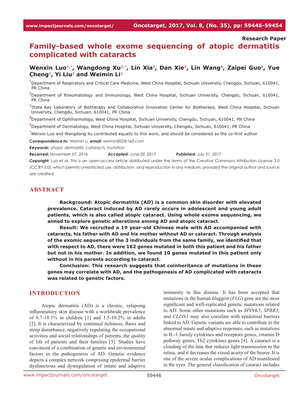 Family-Based Whole Exome Sequencing of Atopic Dermatitis Complicated with Cataracts