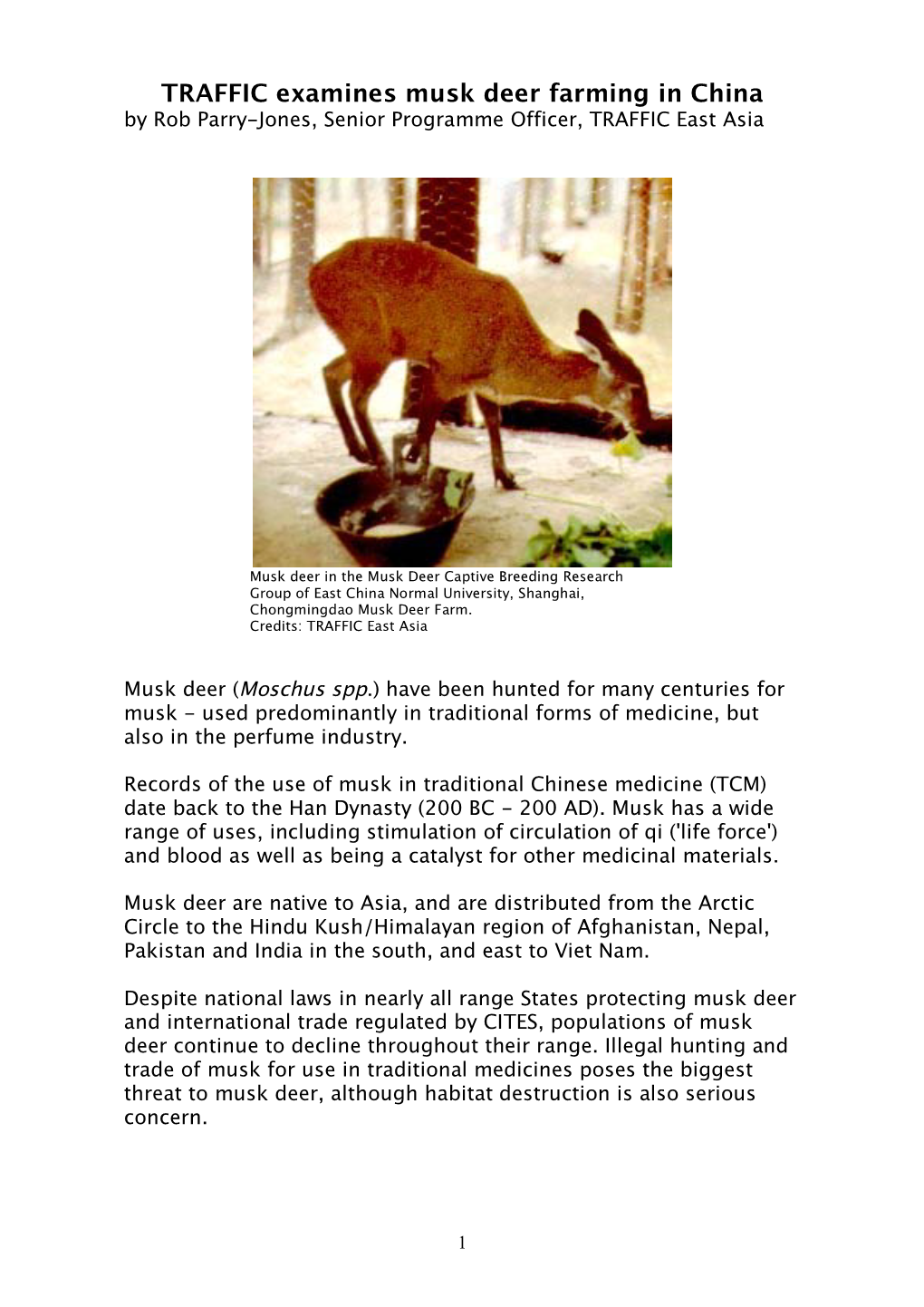 TRAFFIC Examines Musk Deer Farming in China by Rob Parry-Jones, Senior Programme Officer, TRAFFIC East Asia