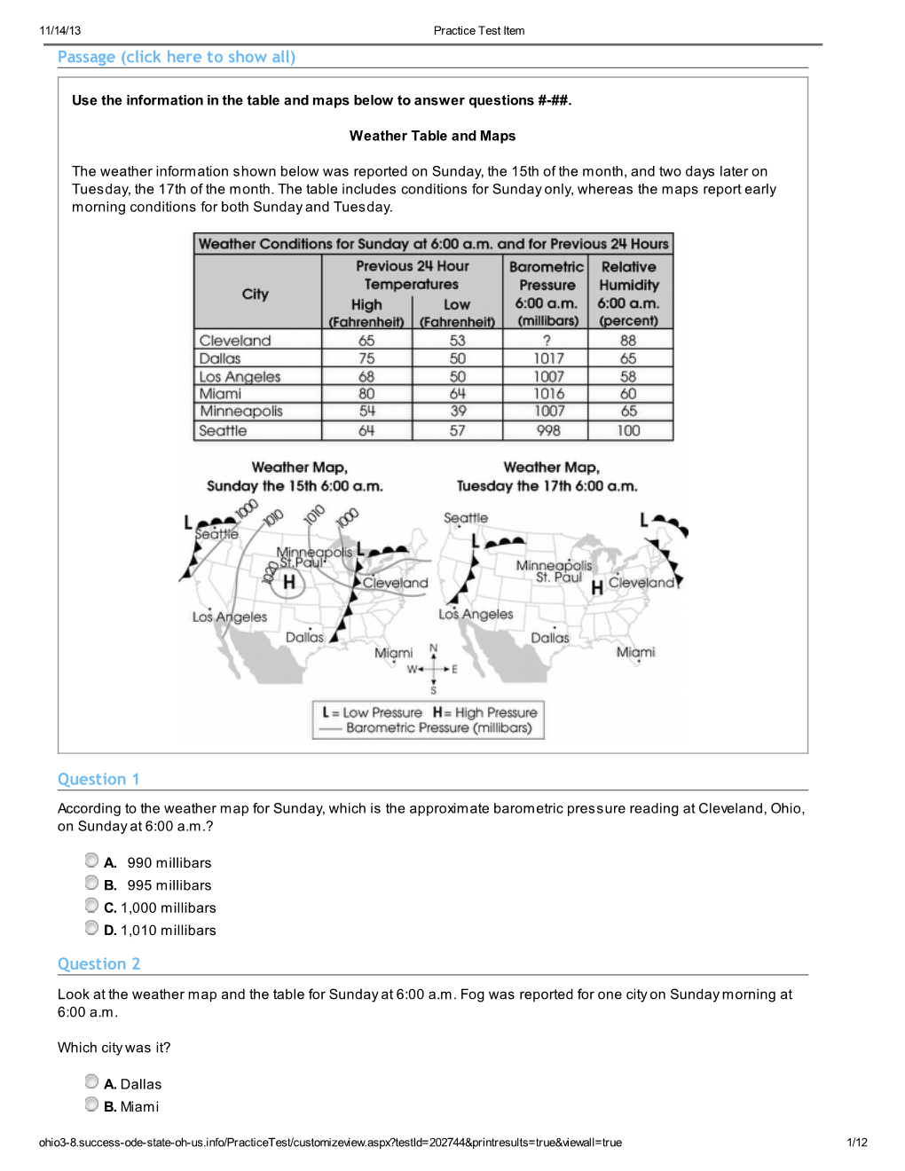 Passage (Click Here to Show All) Question 1 Question 2