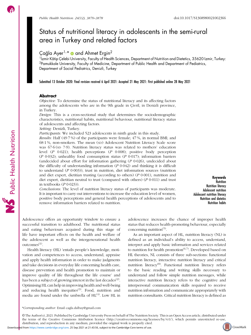 Status of Nutritional Literacy in Adolescents in the Semi-Rural Area in Turkey and Related Factors