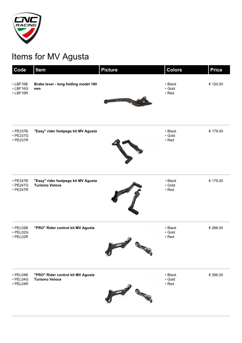 Items for MV Agusta