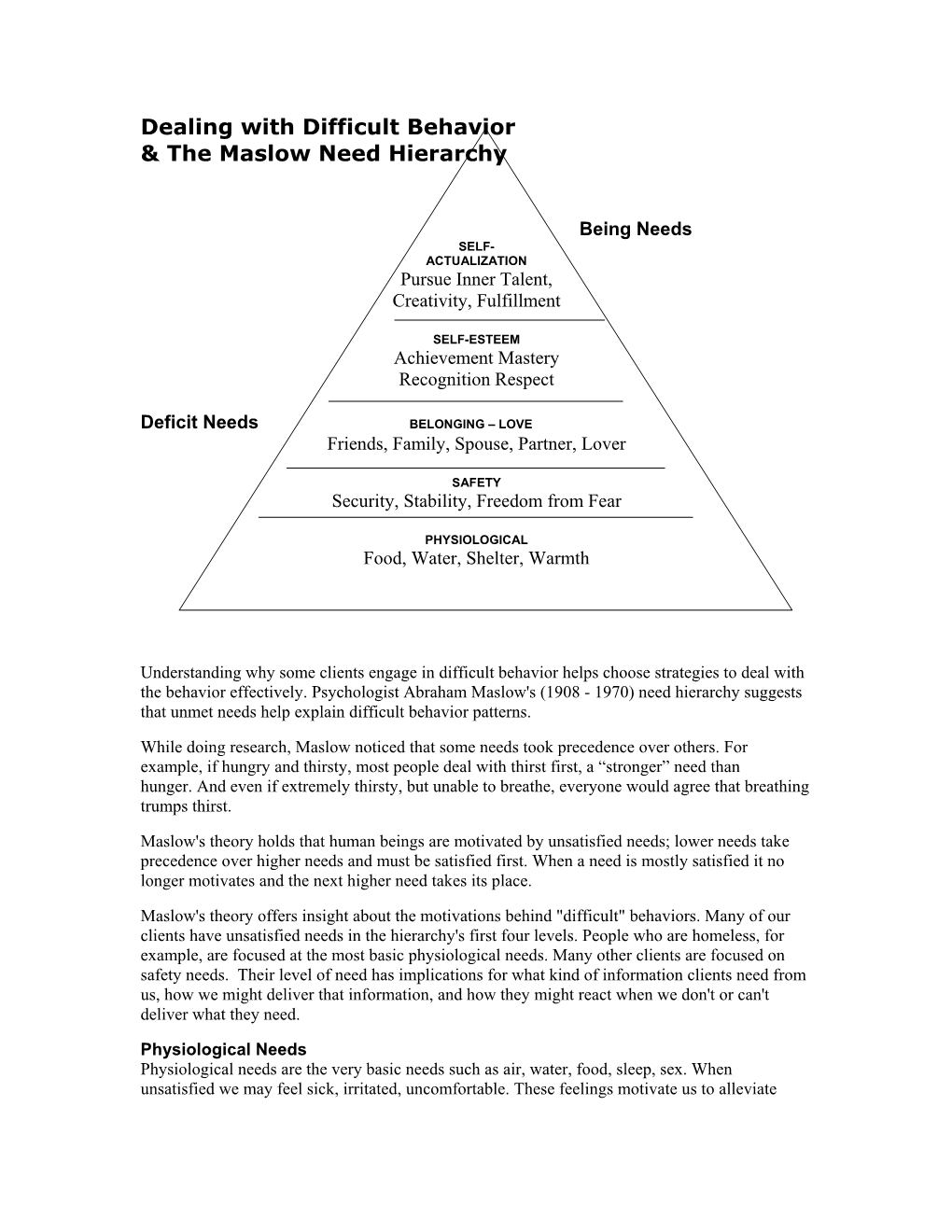 Dealing with Difficult Behavior & the Maslow Need Hierarchy