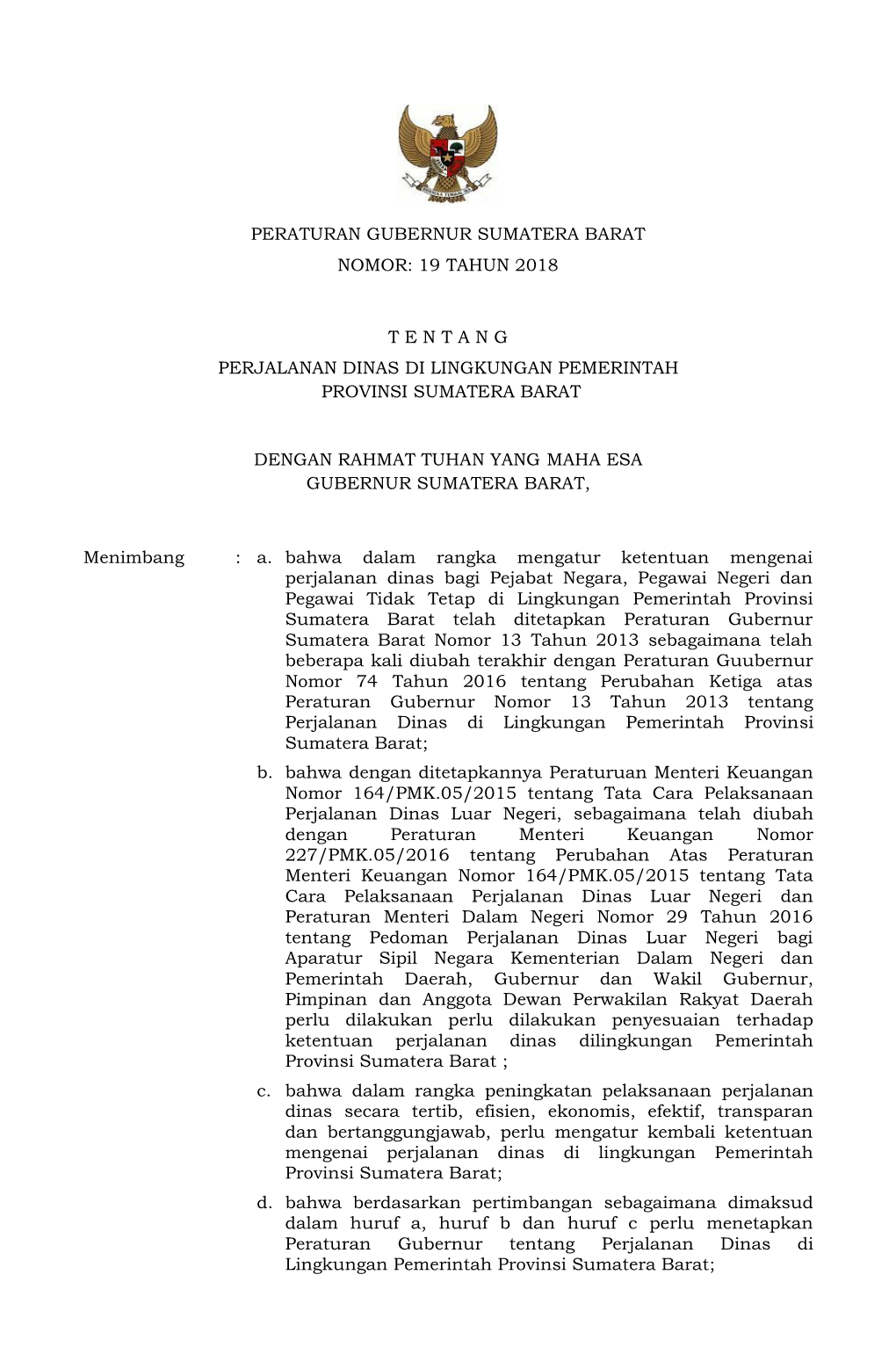 Peraturan Gubernur Sumatera Barat Nomor: 19 Tahun 2018