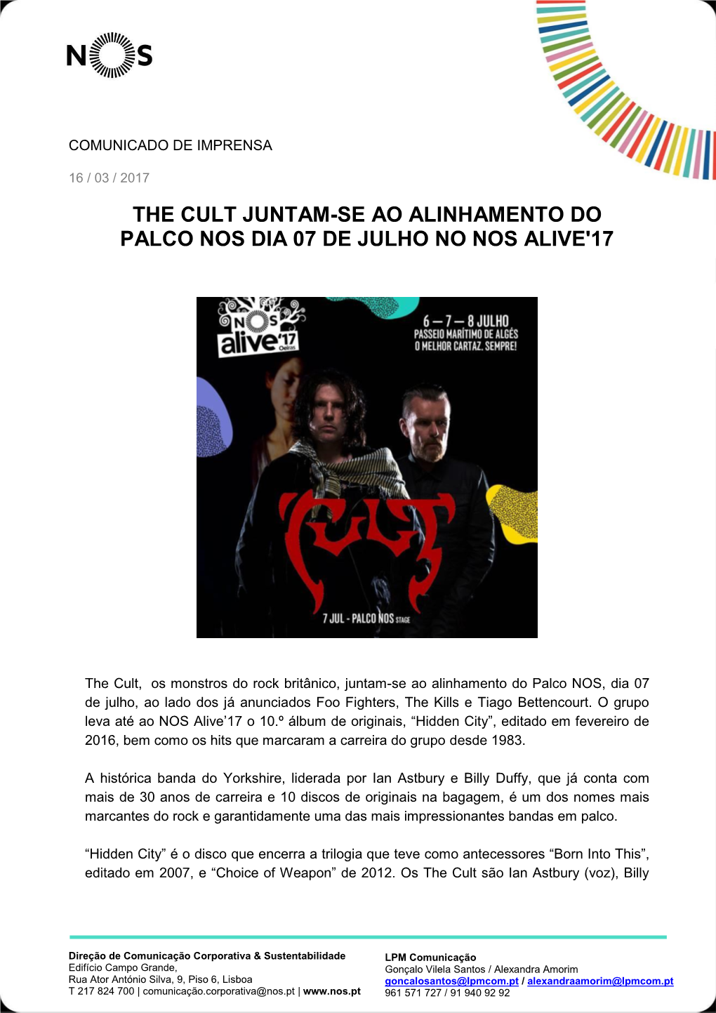 The Cult Juntam-Se Ao Alinhamento Do Palco Nos Dia 07 De Julho No Nos Alive'17
