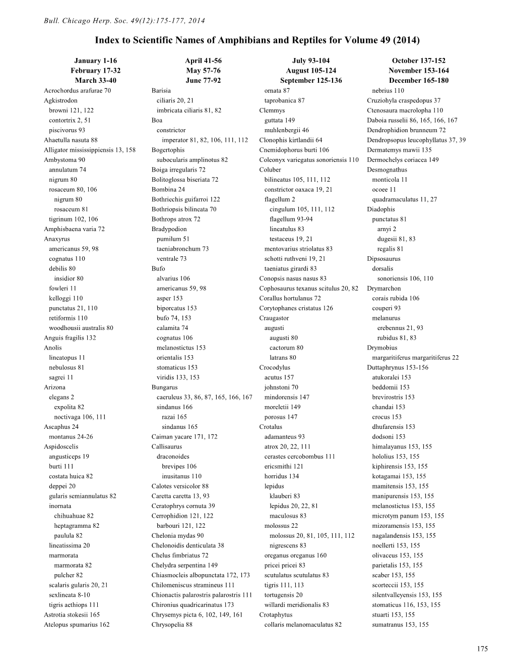 Index to Scientific Names of Amphibians and Reptiles for Volume 49 (2014)